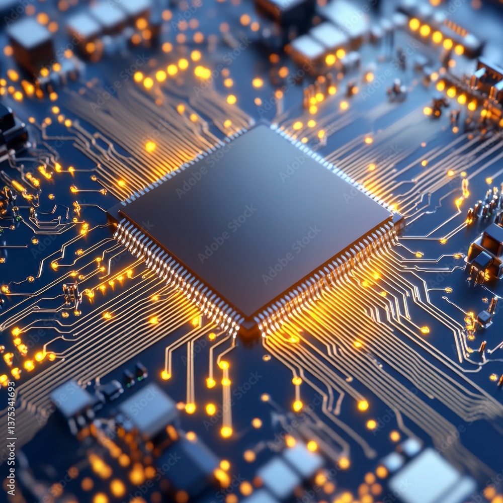 Poster close up view of a central processing unit (cpu) chip on a circuit board. glowing gold traces surrou