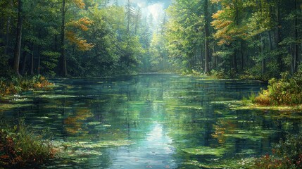 Obraz premium Serene Forest Lake: A Tranquil Reflection of Nature's Beauty