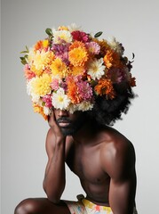 Unique floral headpiece creates an artistic expression of identity in a minimalist studio setting