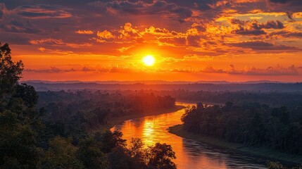 Fiery Sunset Over River in Tropical Forest