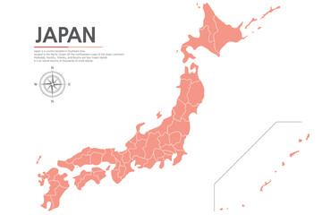 6. Japan red map. A map of Japan with a red background and a white line marking the main boundaries.