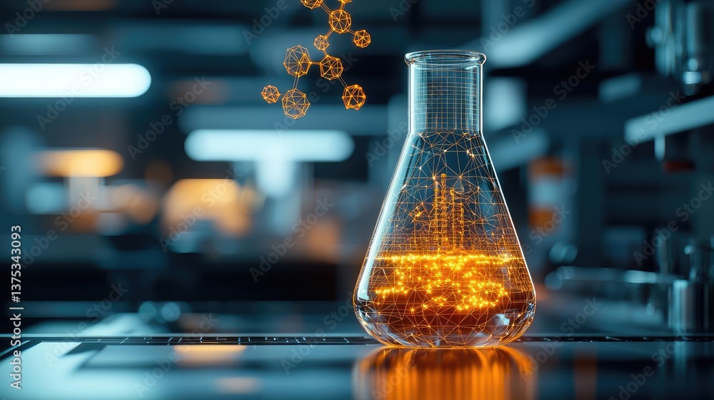 Poster biotechnology polygonal wireframe in advanced technology concept. dynamic laboratory scene with glow