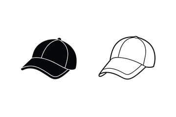 Baseball Cap Icons Solid, Outline, Black, White, Headwear Designs