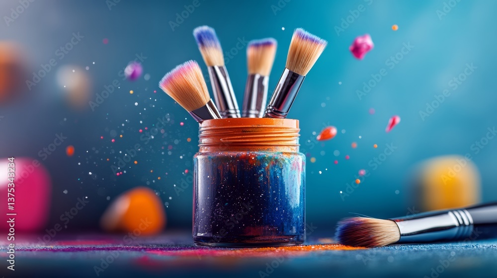 Poster jar filled with paint and several brushes are inside. the jar is full of paint and the brushes are i