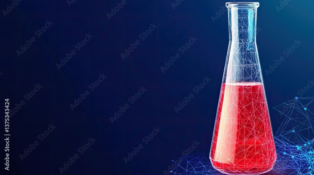 Poster biotechnology polygonal wireframe in advanced technology concept. laboratory flask with red liquid o