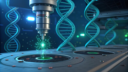 image showcases advanced biotechnology with focus on gene editing, illustrating futuristic laser interacting with DNA strands