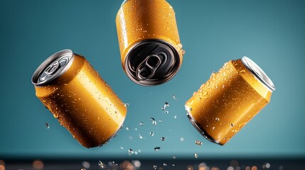 Three cans of beer are flying through the air, with water droplets spraying out of them. Concept of excitement and fun, as if the cans are being launched into the air for a party or celebration