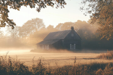 Fog rolling over golden field at sunrise past rustic wooden barn
