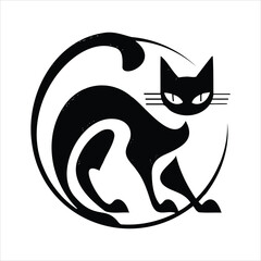 Minimalist Black Cat Icon: A sleek, stylized black cat, elegantly posed within a circular frame, embodies the essence of feline grace and mystique.