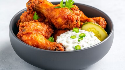Fototapeta premium Crispy fried chicken drumsticks served in a dark gray bowl with a creamy white sauce, pickled cucumbers, and jalapeños. Close up shot with shallow depth of field.