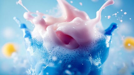 Fototapeta premium Splash of blue and pink foam is captured in a photo. The colors are vibrant and the foam looks like it's coming out of a bubble. The image has a playful and fun mood
