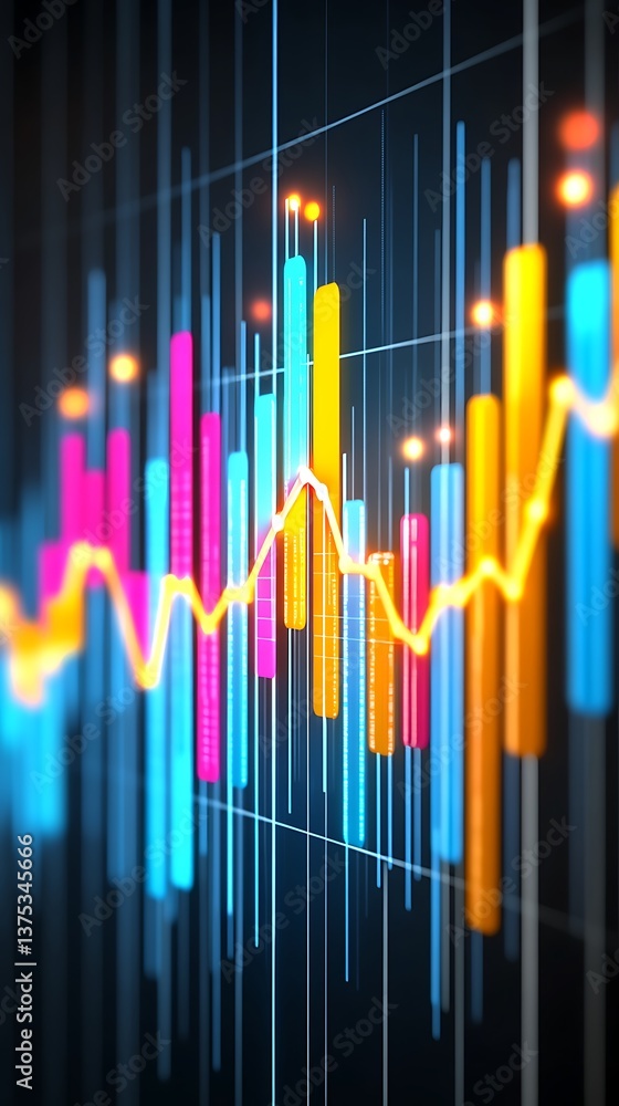 Poster vibrant financial data visualization glowing graph and color bars on dark background
