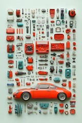 Toy Car Parts Collage on Pastel Background