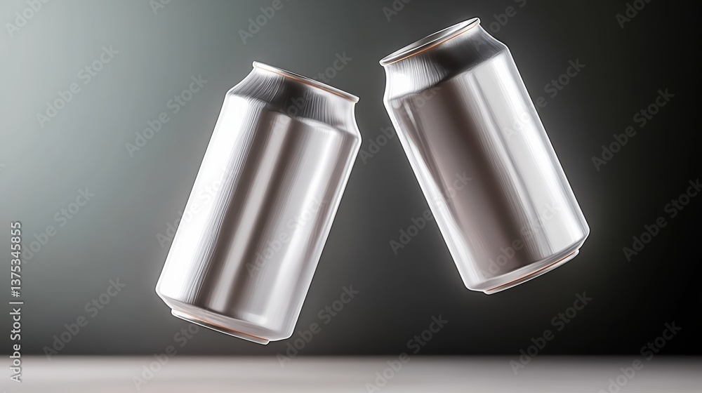 Poster two cans of soda are floating in the air. the cans are silver and appear to be empty. the image has 