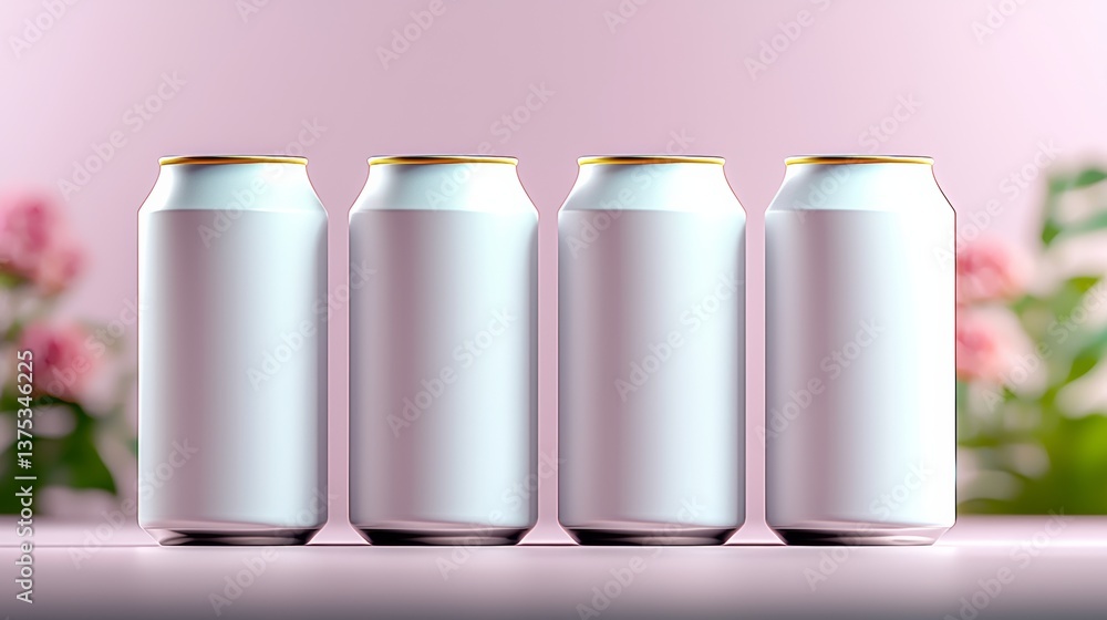 Poster four cans of soda are lined up on a table. the cans are all the same color and are empty. the table 