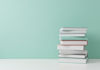 A neat stack of books against a serene mint green background showcasing diverse book covers and a quiet reading nook atmosphere Minimalist clean