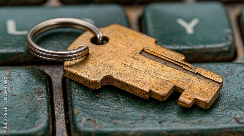 Poster rusty key on old keyboard: digital security concept