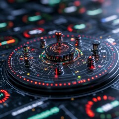 Close up view of a futuristic circular device with metallic elements and glowing red and orange lights, set against a background of intricate circuit patterns.