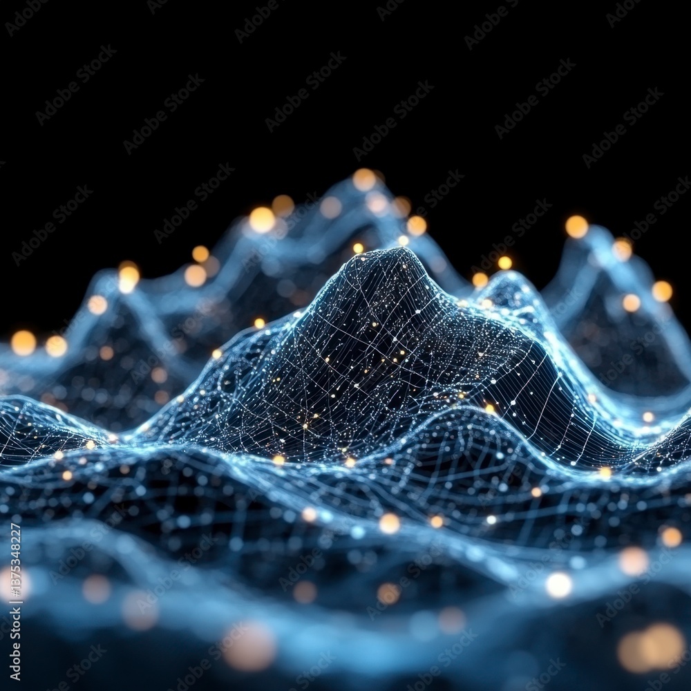 Aufkleber abstract landscape of glowing blue and gold particles forming a mountain range on a black background