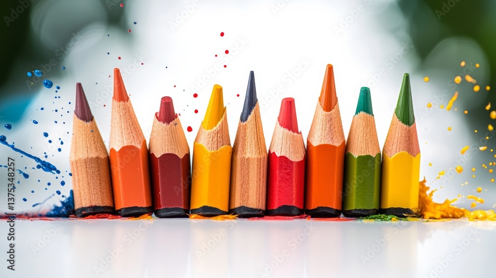 Poster row of pencils with different colors and one of them is broken. the pencils are arranged in a line a