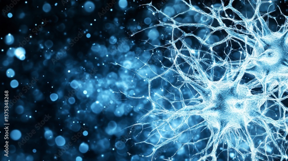 Poster abstract background with a glowing blue neural network structure, bokeh lights, and dark background.