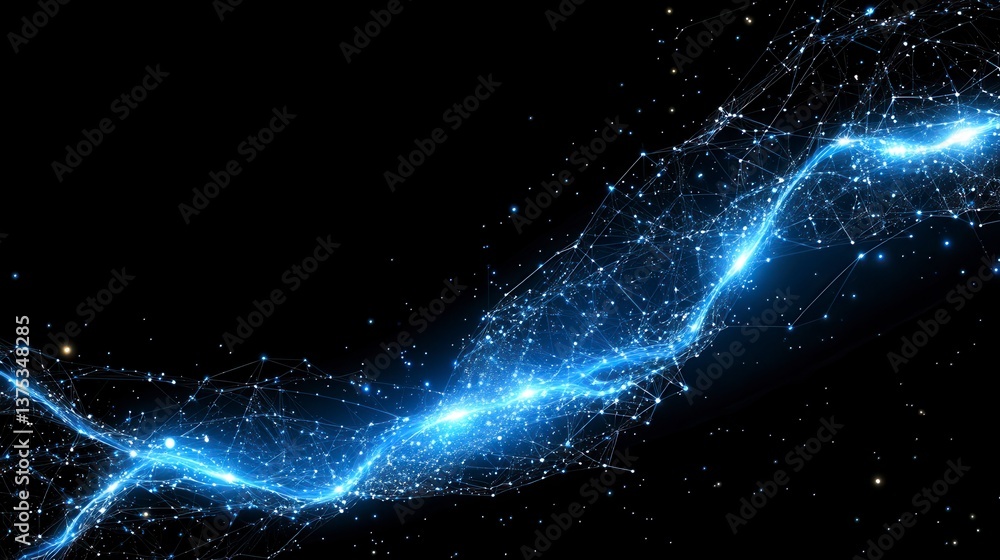 Poster abstract background with a glowing blue particle trail on a black background. the particles are smal