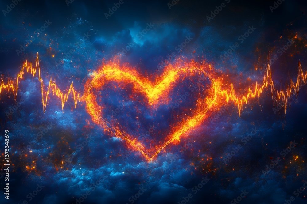 Poster fiery heart shape with energy wave abstract background image