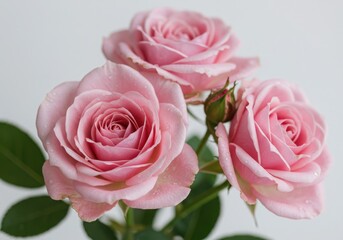 A close up of three light pink roses with a small bud against a white background in soft lighting transparent background