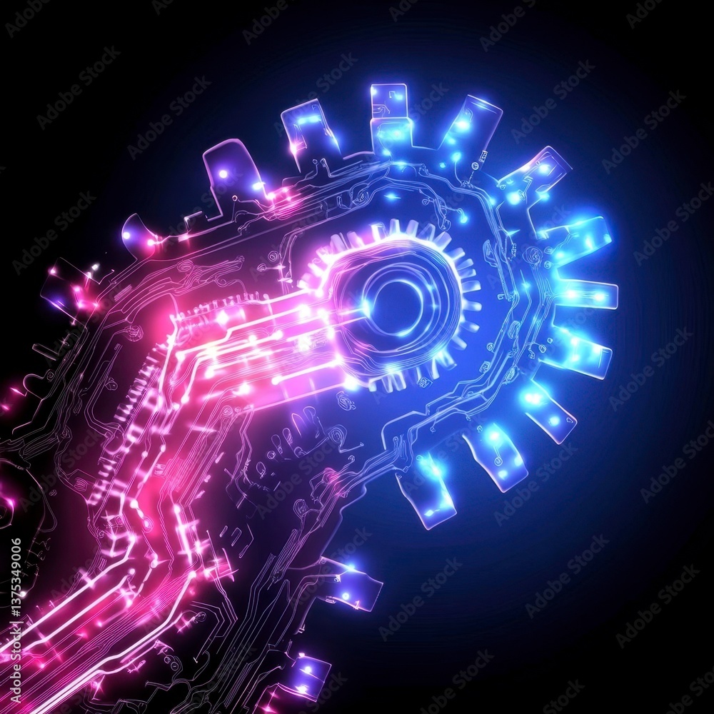 Poster abstract digital art depicting a glowing gear mechanism in pink and blue neon light against a dark b