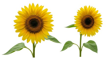 Obraz premium Two vibrant sunflowers beaming with summer sunshine against a stark white backdrop A perfect symbol of joy growth and the beauty of nature s simple
