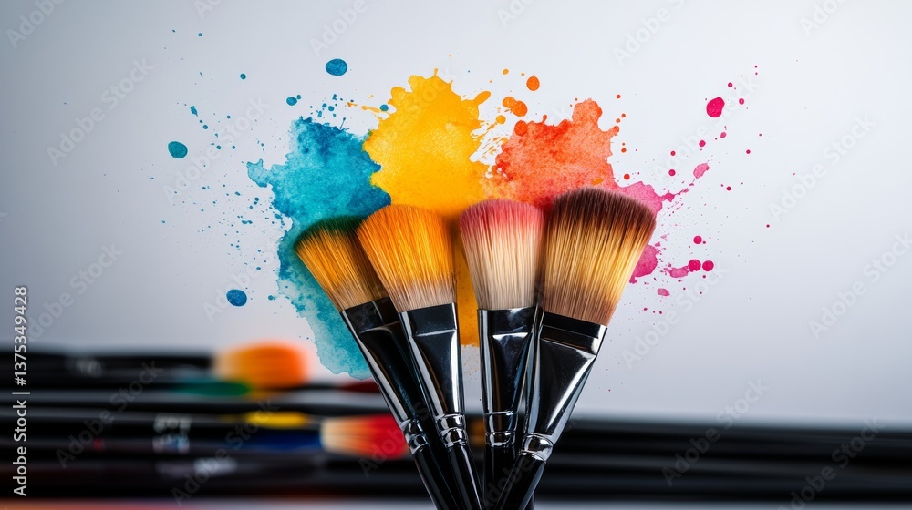 Poster group of makeup brushes are displayed in a colorful array, with each brush having a different color.