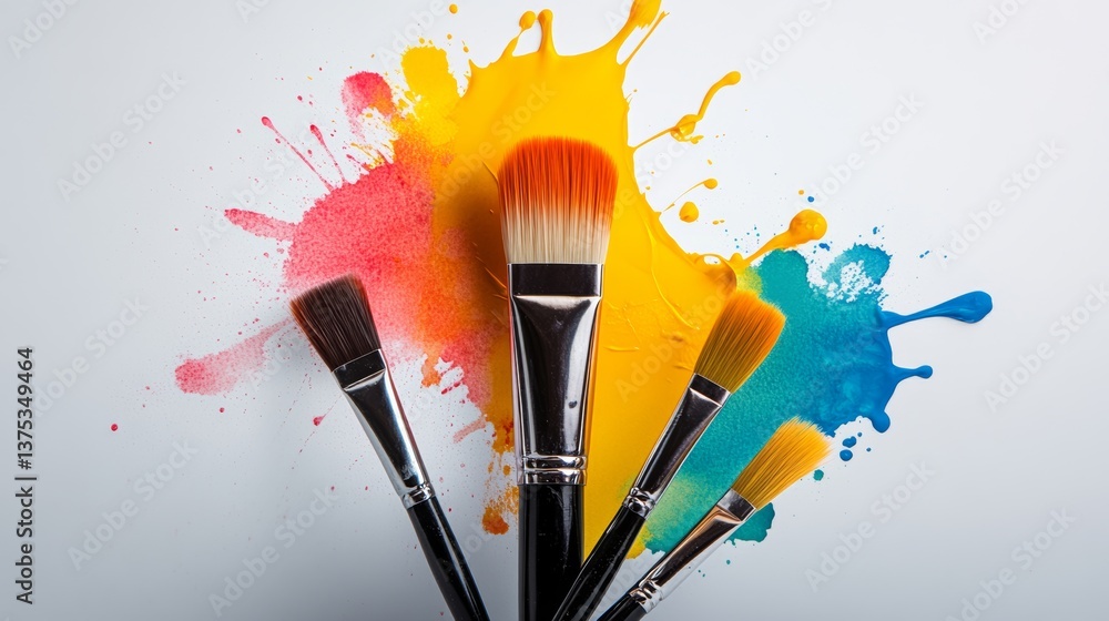 Poster group of paintbrushes are arranged in a colorful splatter of paint. the brush strokes create a sense