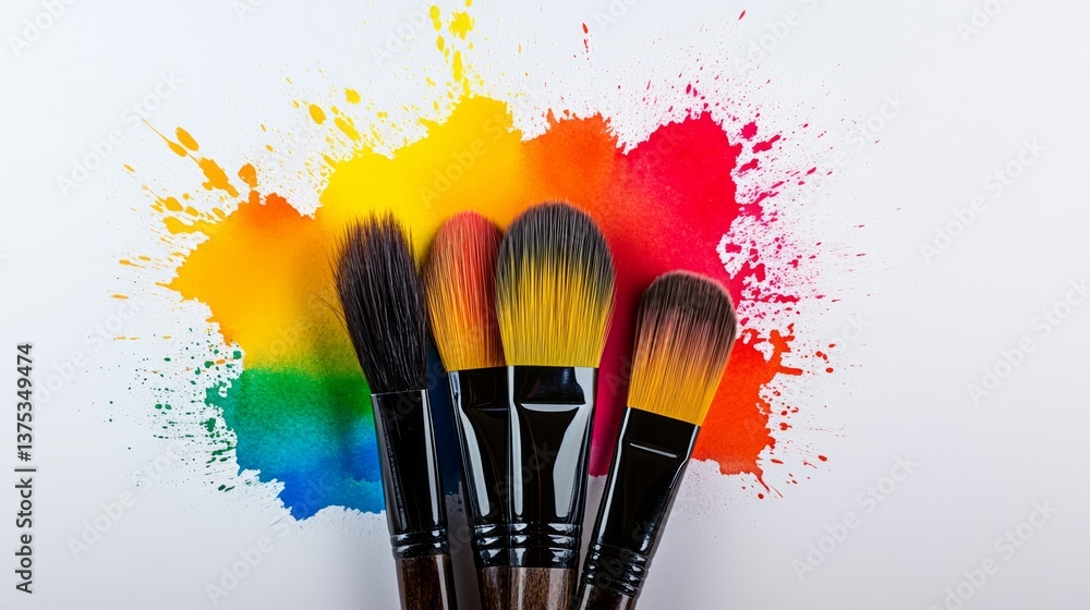 Aufkleber group of makeup brushes are displayed on a colorful background. the brushes are of different sizes a