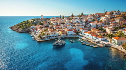 Obraz premium coastal town features charming Mediterranean houses with terracotta rooftops nestled along a sparkling turquoise bay dotted with boats