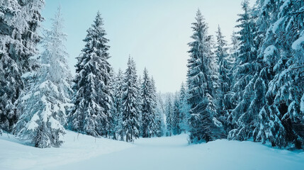 Fototapeta premium serene winter landscape featuring tall snow covered pine trees lining peaceful path, evoking sense of tranquility and beauty