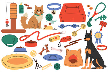 Illustration of a cat and dog surrounded by various pet supplies including beds, toys, leashes, collars, grooming tools, and food. Concept for pet care, home essentials for cats and dogs. Vector