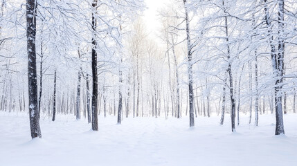 Fototapeta premium serene snow covered forest scene featuring tall trees with white branches and blanket of snow on ground, evoking sense of calm and tranquility