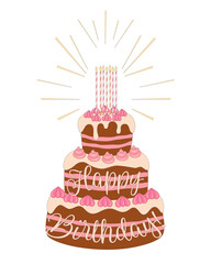 Happy birthday chocolate cake colorful vector illustration, Birthday card clip art.