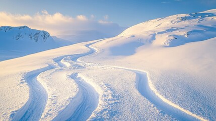 Fototapeta premium Scenic Winter Landscape with Snow Trails and Blue Sky Reflections
