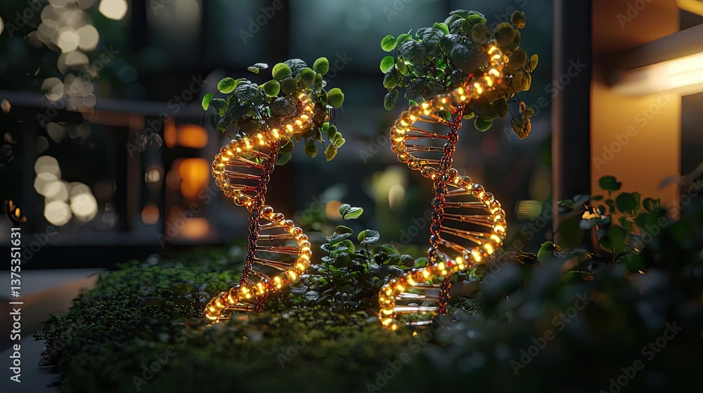Poster dna plants and graphic representation in science concept. creative representation of dna structures 