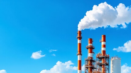 Obraz premium Industrial smokestacks emitting white smoke against a vibrant blue sky with fluffy clouds. Image depicts air pollution and industrial emissions.