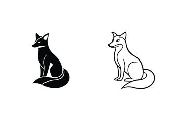 Black and White Fox Silhouettes Sitting Fox Line Art Illustrations