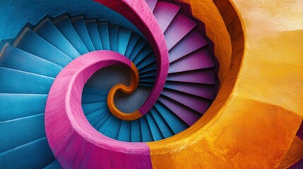 Fototapeta premium Abstract spiral staircase with vibrant blue, pink, and orange colors.