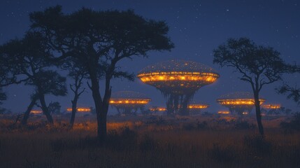 Futuristic Savanna: Illuminated Habitats Under a Starlit Sky