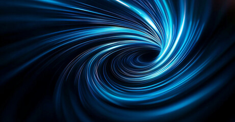 Fototapeta premium Abstract blue lines swirl in center of empty black background, creating mesmerizing vortex effect. dynamic movement evokes sense of depth and energy