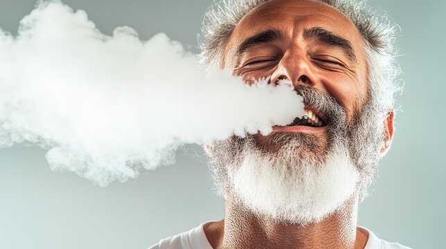 Man is smoking a cigarette and laughing. Concept of relaxation and enjoyment