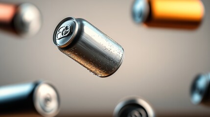 Can of soda is flying through the air, surrounded by other cans. Concept of motion and excitement, as if the soda is being thrown or launched into the air. The scene is playful and fun