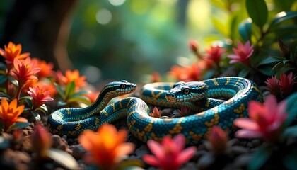 Two Vibrant Snakes Among Colorful Flowers in Nature