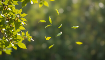 Flying green leaves on transparent background. Fresh spring foliage. Environment and ecology backdrop , with white tonespng