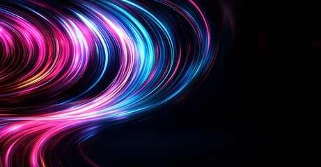 Fototapeta premium Abstract swirls of neon light in vibrant pink, blue, and purple colors on black background create dynamic and energetic visual. This design evokes sense of movement and excitement